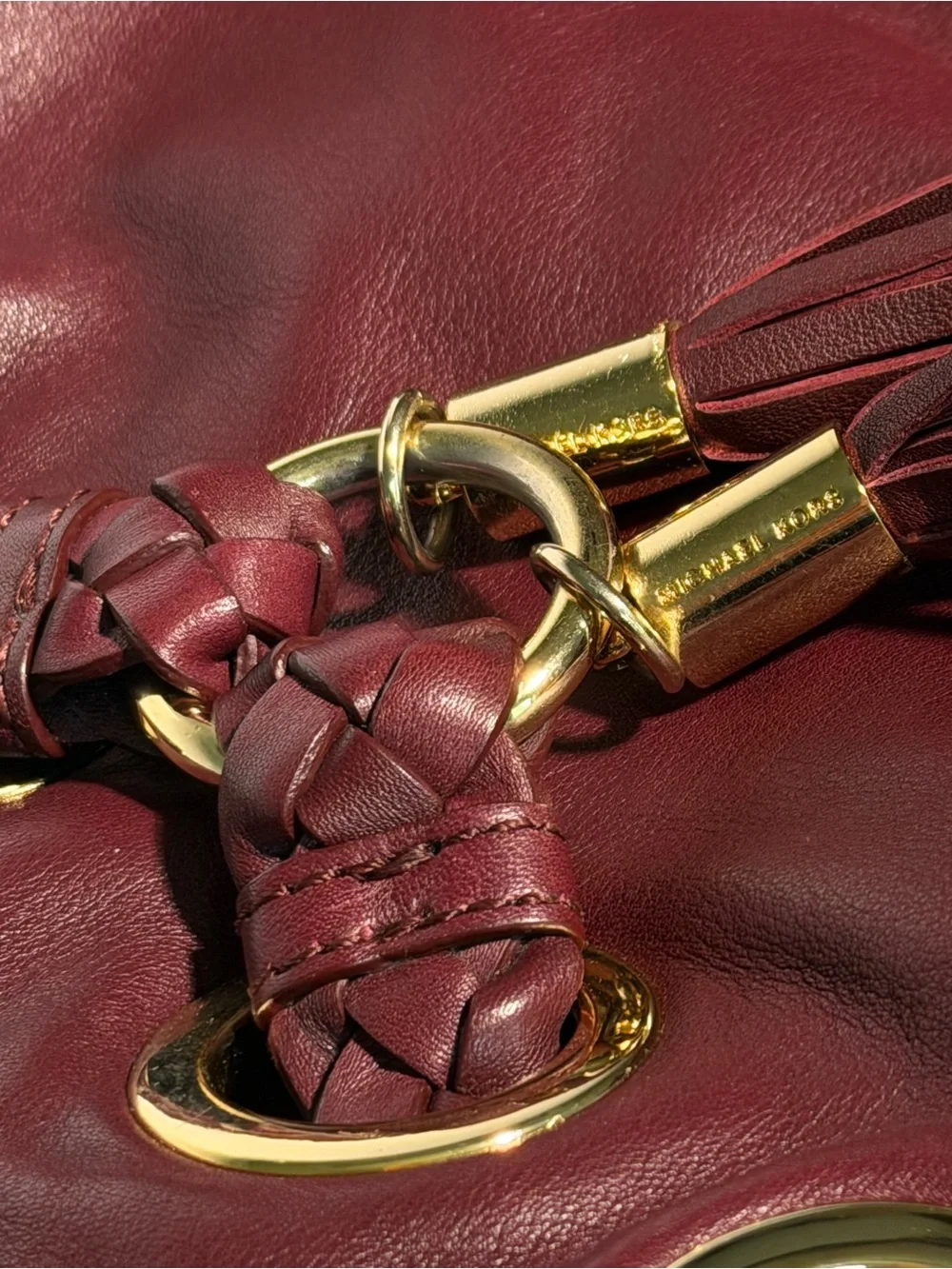 Michael Kors Burgundy Leather Braided Grommet Tassel Shoulder Bag Gold Hardware